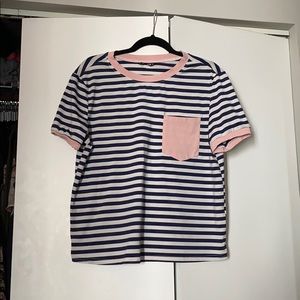 Stretchy navy striped tee with pink accents